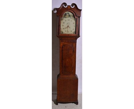 Oak and mahogany longcase clock, arch painted dial, signed N Newell, Leicester, date aperture, thirty hour movement, 210cm.