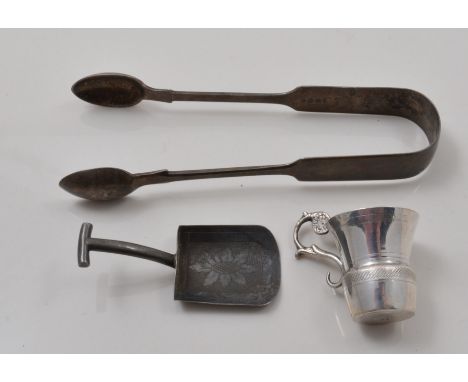 George III silver shovel shape caddy spoon, Birmingham 1823, engraved decoration, a Victorian silver Fiddle pattern sugar ton