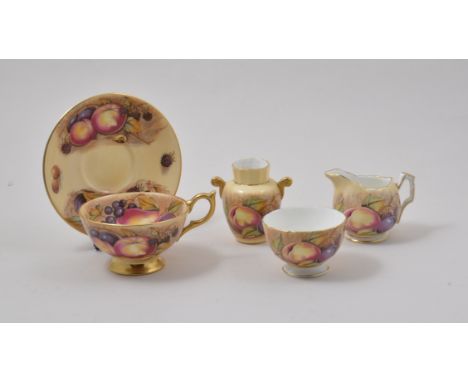 Four Aynsley cups and saucers, painted decoration of fruit, similar milk jug, sugar bowl and two handled vase, (11).