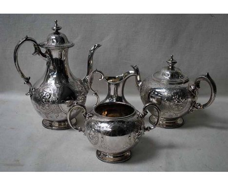 A Victorian silver four-piece Tea Service, William/Samuel Smiley, London 1865, each piece embossed with panels of flower bloo