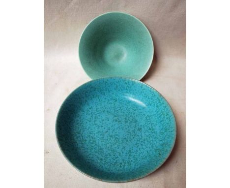 Pilkington Royal Lancastrian, two mottled green Fruit Bowls, one shape number 3241 27cm diameter, the other 23cm diameter (2)