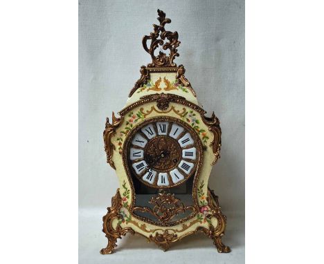 A French reproduction Boulle Style Mantel Clock, waisted form with ivory painted crackle finish, case highlighted with scroll