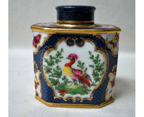 A Worcester 18th century style porcelain tea caddy, painted with panels of exotic birds and insects on a scale blue ground, h