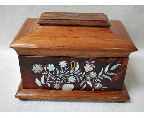 A Georgian style rosewood, tortoiseshell and mother of pearl inlaid double Tea Caddy of sarcophagus shape, the hinged lid wit