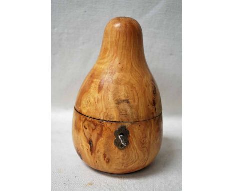 A large Fruit Wood Tea Caddy of typical Pear Shape with hinged cover, escutcheon and key, 12cm diameter by 19cm high, no stal