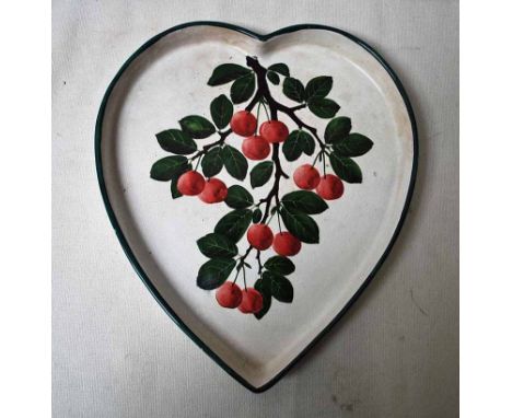 A Wemyss Ware 19th century heart shape Dish hand painted with Cherries and Leaves on a branch, raised edge lined in green, We