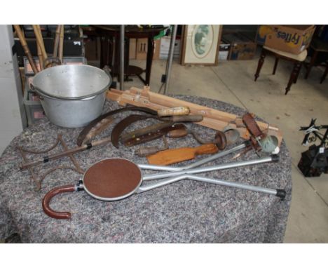 Collection of vintage tools and accessories, steel jam pan, wooden easel, door bells, spirit levels, butter pats, shooting st