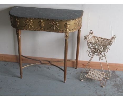 Simulated green marble top gilt painted console table, W76cm D35cm H72cm and a small two-tier white metal plant stand (2) 