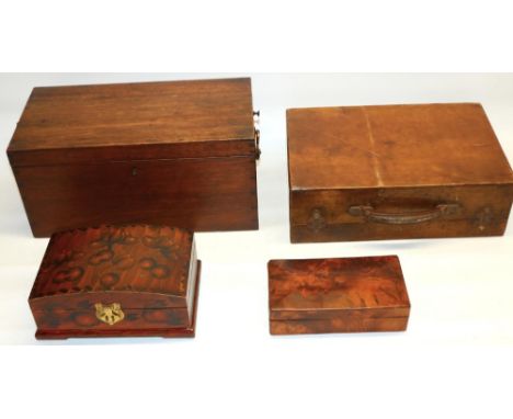 Victorian mahogany deed box with brass swan neck handles, W38.5cm D20.5cm H18cm, a light wood artists oil box, Eastern lacque