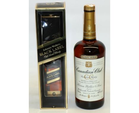 Johnnie Walker Black Label, aged 12 years, Blended Scotch Whisky 20cl, 40% vol, in gift box, with hip flask, and 1ltr. bottle