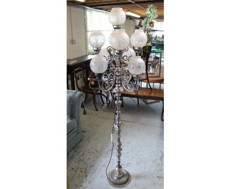 Silvered metal floor lamp, nine branches with shades on baluster column and stepped square base, H177cm 