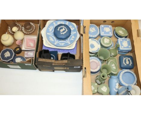 Large collection of Wedgwood Jasperware including two taupe brown coffee cans and saucers with shell motifs, H5cm, and other 