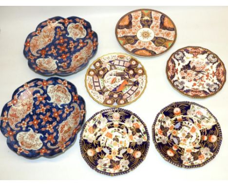 C20th Royal Crown Derby plates: patterns 383, 953, and two 8683, all D23cm, C19th century Derby plate with crown mark/18, D25