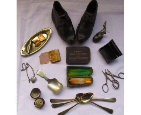Collection of objects of interest incl. childs leather clogs and rattle, tea caddy, scissors, paper mache snuff box, lockets 