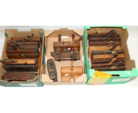 Large collection of woodworking tools, predominantly moulding planes, a sash fillister plane, and two spoke shaves (3 boxes)