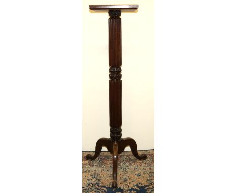 Regency style mahogany tripod jardiniere pedestal, lobed column on three cabriole legs, H134cm 