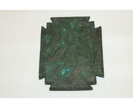 The Amanda Barrie Collection - Celine Emilian (1898-1983) signed metal work plaque depicting an angel holding a cup (possibly