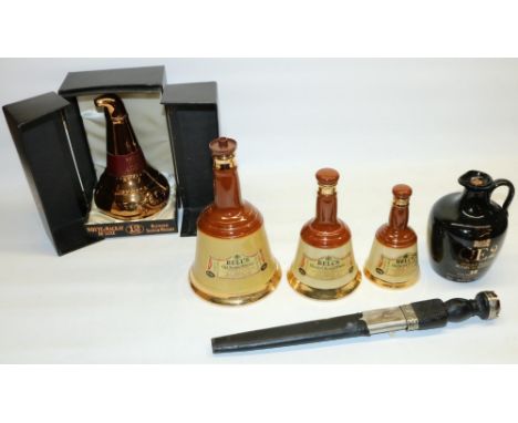 Whyte &amp; Mackay Pot Still Decanter in original box, three graduated Wade Bell's Scotch Whisky decanters QE2 single malt Sc