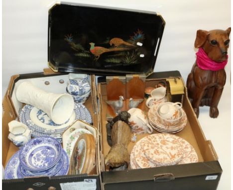 Mid C20th carved soft wood figure of a grouse, H19cm, pair of silvered pheasant bookends, H15cm, dinnerware including Wood &a