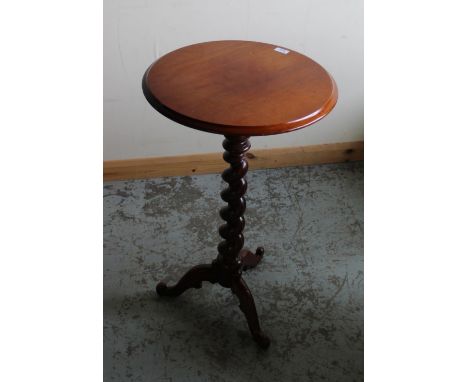 Victorian mahogany tripod table, circular top on barley twist column support, D48cm H80cm 