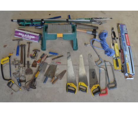 Collection of hand and garden tools incl. pick axe, tree pruner, drain rod kit, Stanley saws, wall and floor tile cutter, pla