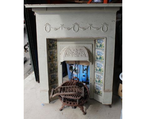 The Amanda Barrie Collection - Victorian cast fire surround with swag and floral design tiles, and  fire grate, H121cm mantle