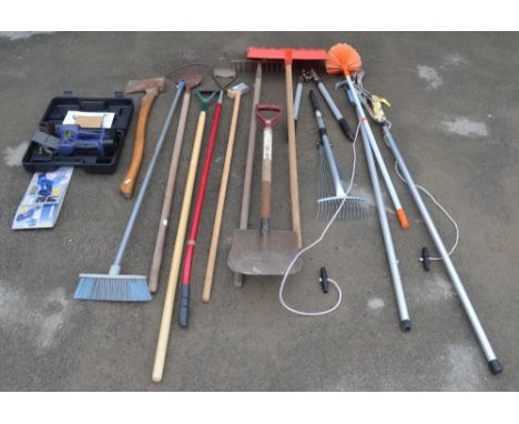 Collection of garden tools and a cordless grass and hedge trimmer with battery, no charger, felling axe, long handled loppers