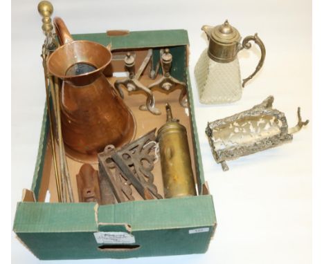 C20th vintage brass fire extinguisher H36cm, Pair of C20th brass fire dogs, similar pair of coal tongs, cast iron cobblers la