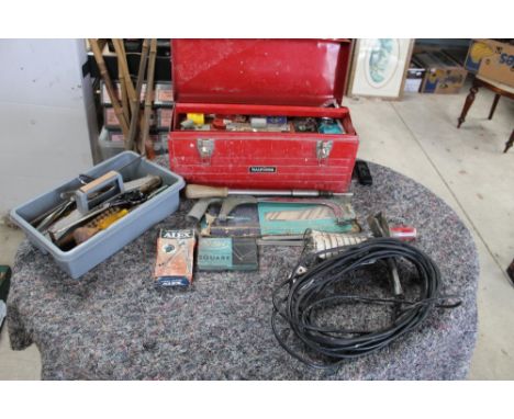 Collection of tools including locks, scissors, hammers, saws, engineers precision square workshop light and Halfords toolbox