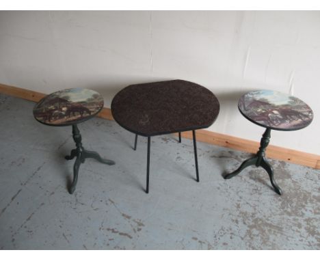 Raw Studios Black Rim Stealth Coffee Table, on four and a pair of tripod wine tables with horse print tops (3) 