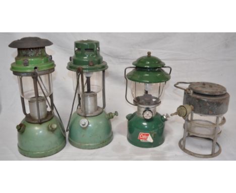 Two Bialaddin Model 310 paraffin lamps, a Coleman Model 201 Kerosene lamp (cracked glass) and another vintage gas fed lamp. (