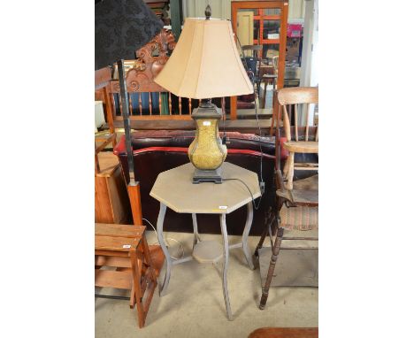 Contemporary crackle glaze table lamp with H90cm and a late C19th two tier occasional table, W58.5cm X D58.5cm X H76cm (2) 