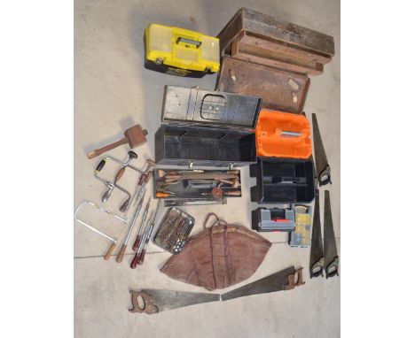 Collection of hand tools incl. large saws, files, twist drills, a J Rabone cast steel spirit level, wood mallet etc and a num