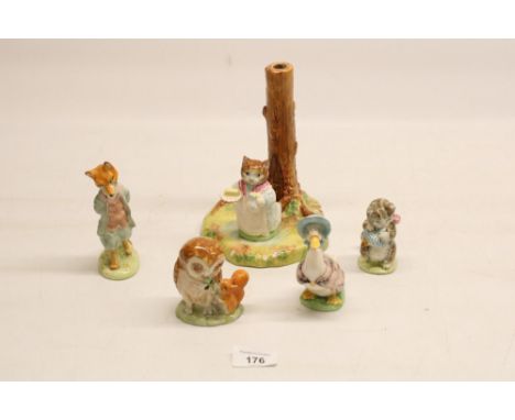 Four Beswick Beatrice potter figures, Old Mr Brown, Jemima puddle duck, Mrs Moppet, Foxy Whiskered Gentleman and a Beswick tr