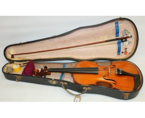 Violin and bow decorated with mother of pearl, cased 