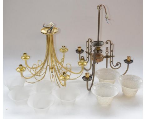 Two brass ceiling hanging light fitting with shades and a brass companion set 