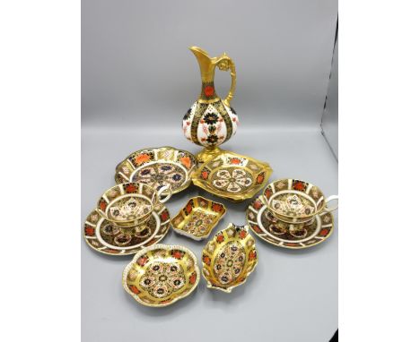 Royal Crown Derby Imari 1128 jug, 3 pin trays, 2 cups and saucers, etc. (10) 