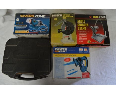 Collection of workshop tools to incl. AM-Tech angle grinder stand, PowerCraft 600W multi-function saw (plug extension require