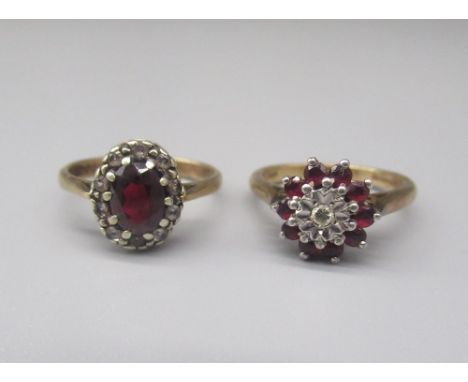 9ct yellow gold diamond and ruby cluster ring, stamped 375, size K1/2, and another 9ct yellow gold ruby and diamond ring, sta