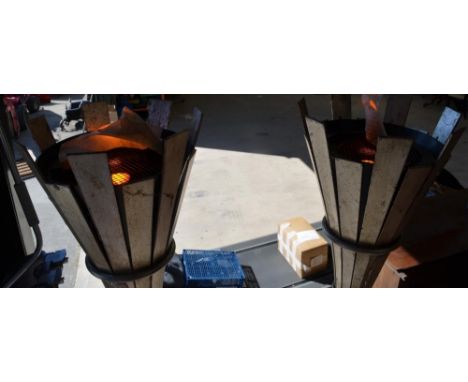 Two mains powered pub style outdoor lights with simulated flame (H193.5cm approx) and 6 citronella/clear lamp oil burning bam