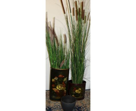 Victorian style stick stand with painted floral decoration, H60cm, a similar jardiniere/waste paper bin, H33.5cm, quantity of