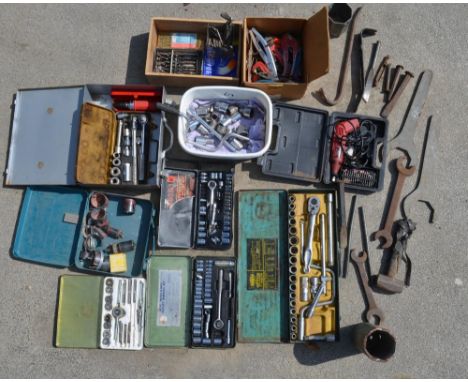 Collection of socket sets, drill bit sets, an imperial Tap &amp; Die set, hand tools including riveters, files, large spanner