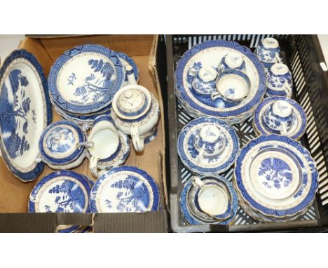Large collection of blue and white Booths Real Old Willow pattern dinner and tea ware, including coffee pot H22cm, tureen wit