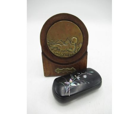 C19th japanned papier mache snuff box with floral mother of pearl inlay, L8cm, C19th French mahogany baptism plaque set with 