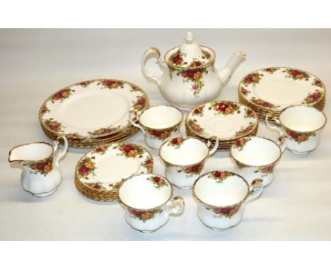 Royal Albert Old Country Roses tea and dinner ware, comprising teapot H19cm, four 26.5cm dinner plates, five H8cm cups, five 