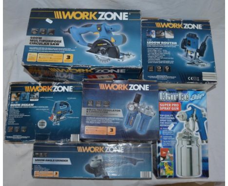 Collection of boxed Workzone corded handheld tools (most need extension/adapter cable) to incl. 1200W angle grinder, 800W jig