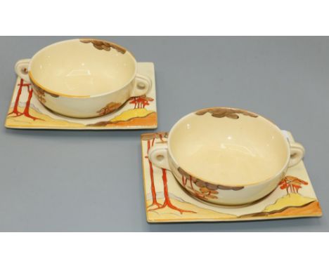Two Clarice Cliff Bizarre Coral Firs twin-handled soup bowls with saucers, Biarritz and Royal Staffordshire mark, H5cm 