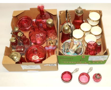 Collection of late C19th/early C20th cranberry glass including two hallmarked silver and cranberry glass salts/condiment pots