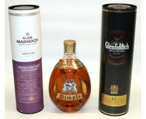 Dimple De Luxe 12 year old Scotch whisky 750ml, Glen Marnoch Ltd Release Speyside single malt Scotch whisky 70cl and Glenfidd