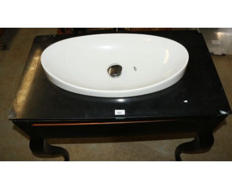 White ceramic oval wash basin, on black single drawer unit with Artelinear top and cabriole leg, W90cm D50cm H95cm 
